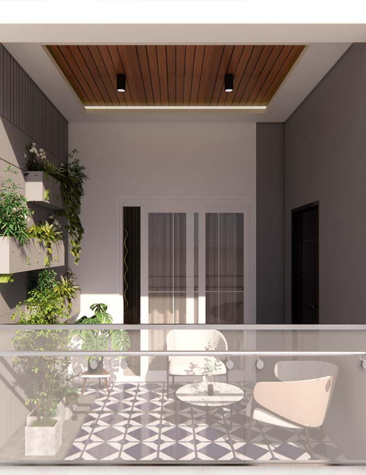 Living space interior with custom finishes and lighting